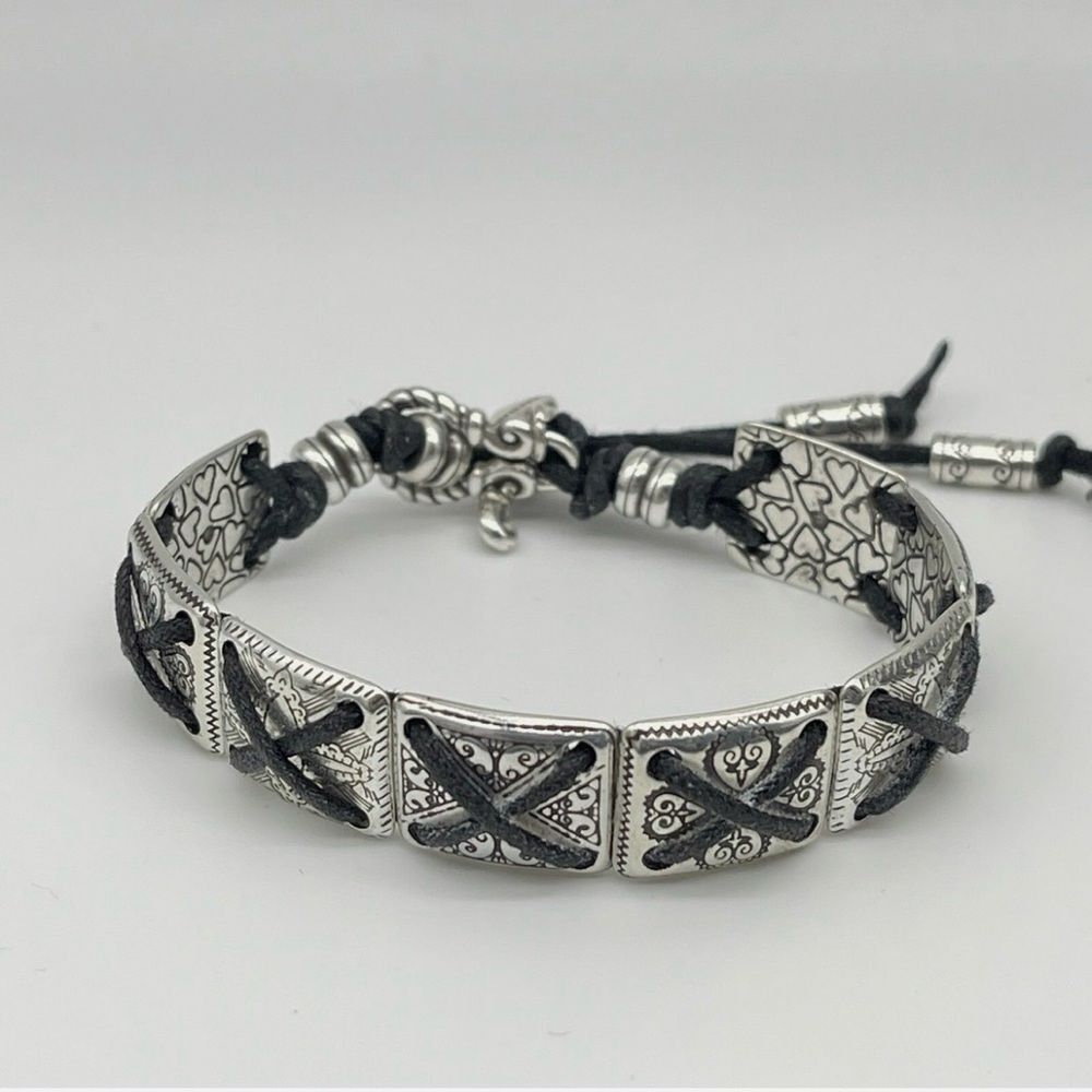 BRIGHTON Silver Plated Panel Link & Black Cord Toggle 6.5" Bracelet